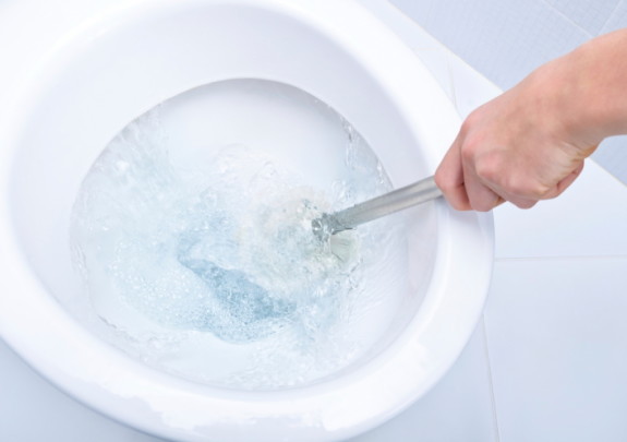 Closeup of hand brushing a toilet